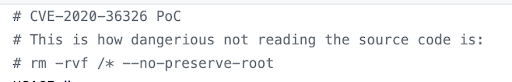 הערת הרגעה בקוד של CVE-2020-36326 שיצר JamesGeee