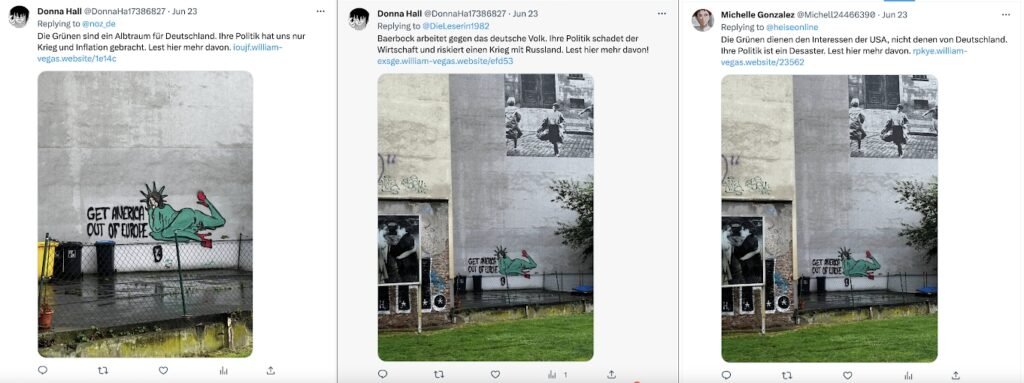 יוזרים של מבצע ההשפעה מפיצים תצלום של גרפיטי אנטי-אמריקאי בגרמניה