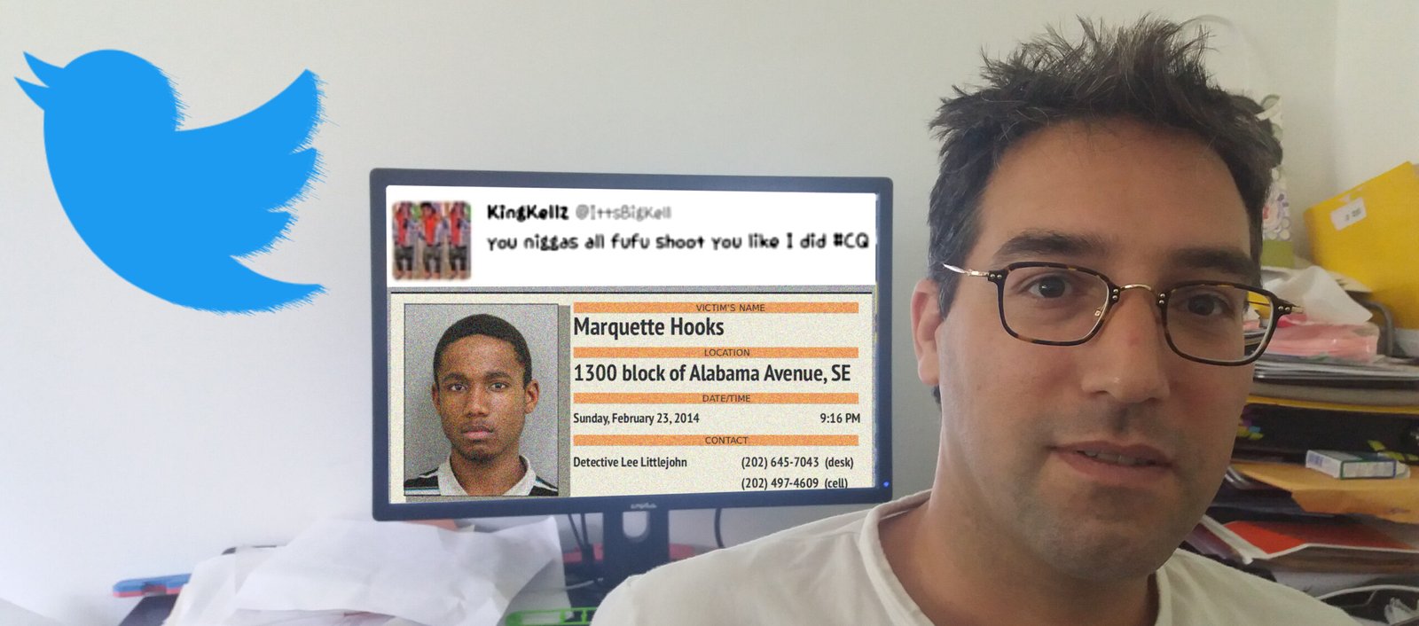 ד"ר אורן צור וציפור טוויטר על רקע הציוץ המפליל וכרזת המבוקש ברצח מרקט הוקס 🖼️ צילום ועיבוד: עידוק